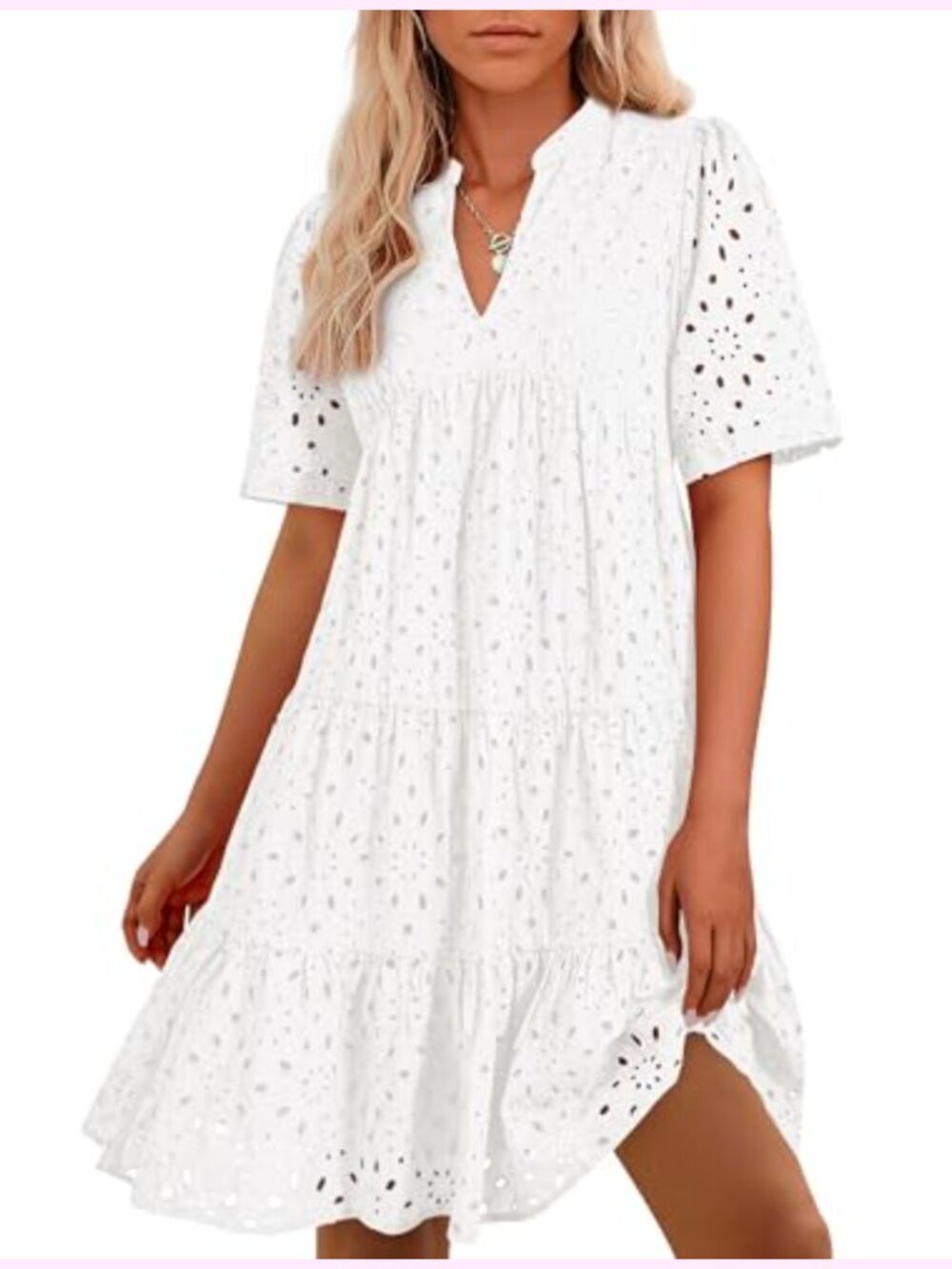 Women's Boho Eyelet Mini Dress V Neck Short Sleeve Lace Ruffle A-Line Casual